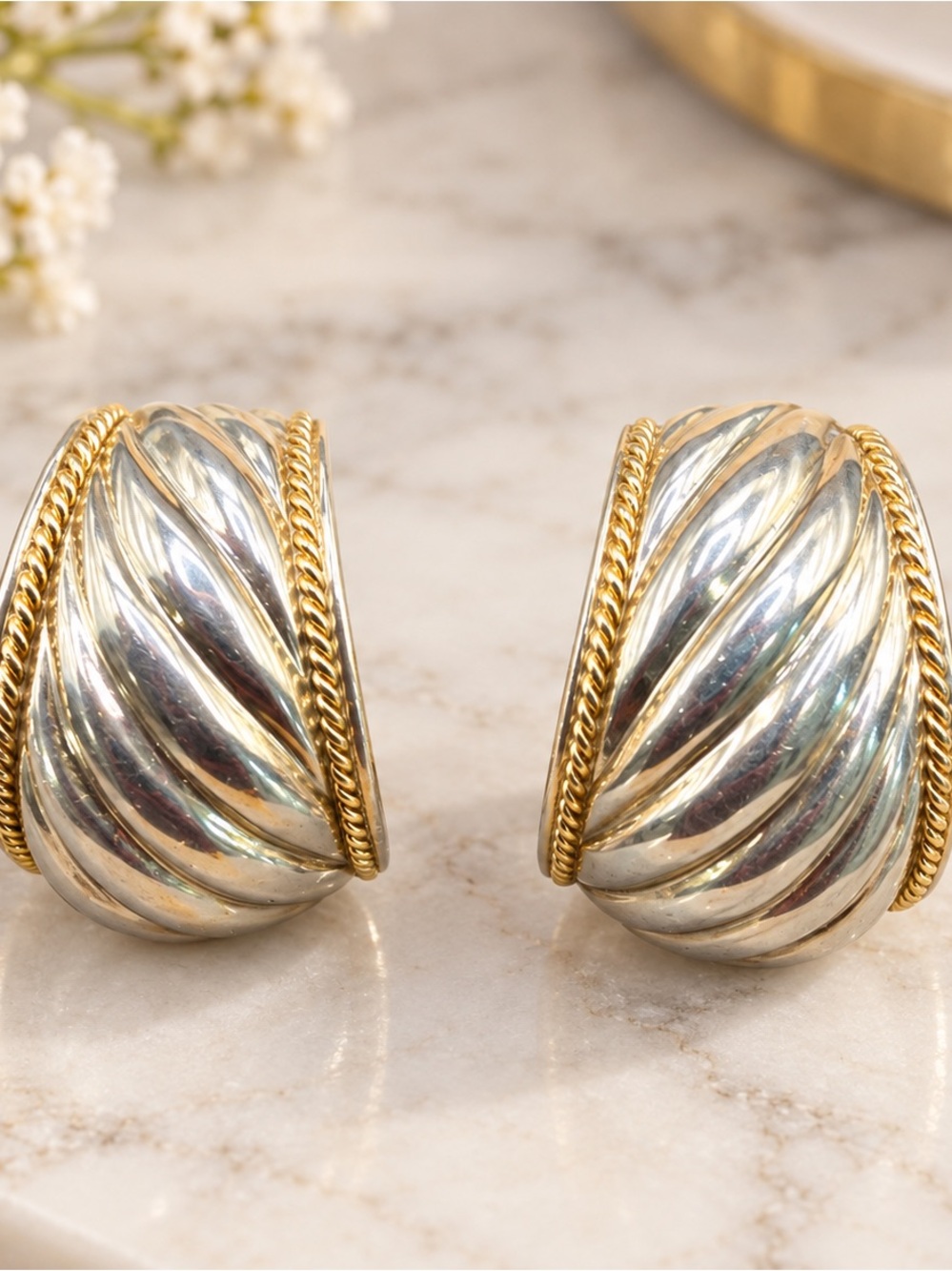 MAZ 14K & 925 STERLING SILVER TWO TONE DOMED EARRINGS